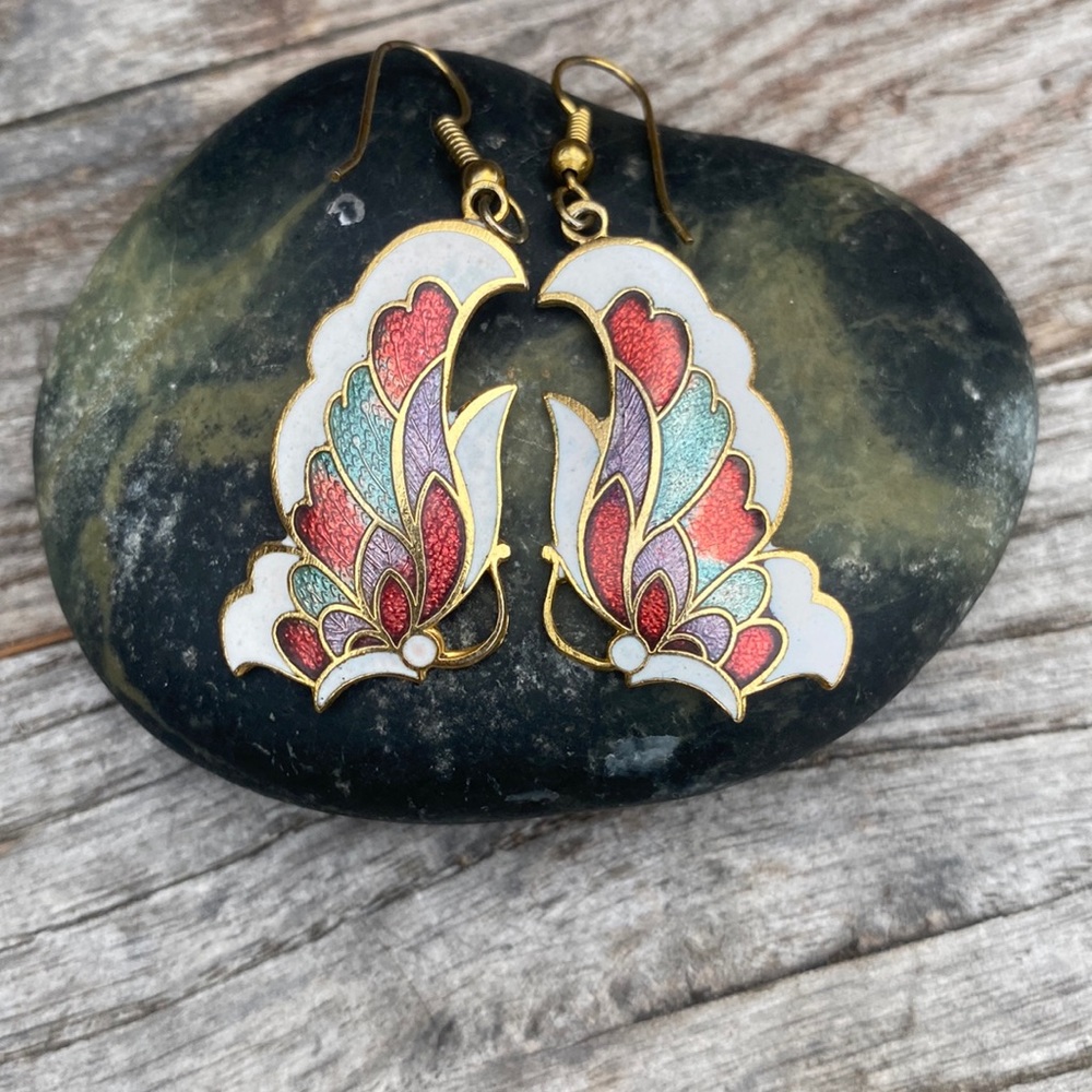 Cloisonne butterfly earrings white , red , blue & purple on gold